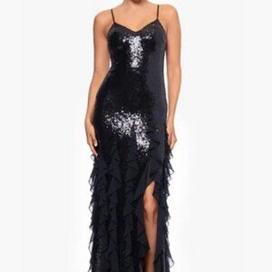 Betsy & Adam Black Sequin & Ruffle Gown
